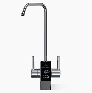 A modern, chrome kitchen faucet with a digital temperature display, two side handles, and a high curved spout, set against a plain white background.